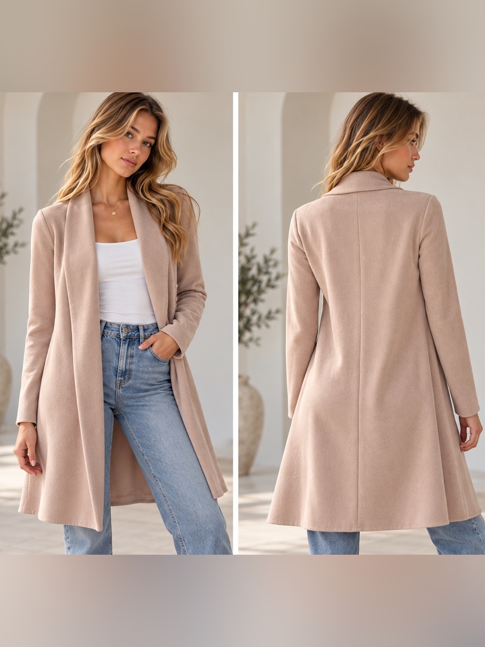 Zara Blush Pink Taupe Long Open-Front Trench Coat
